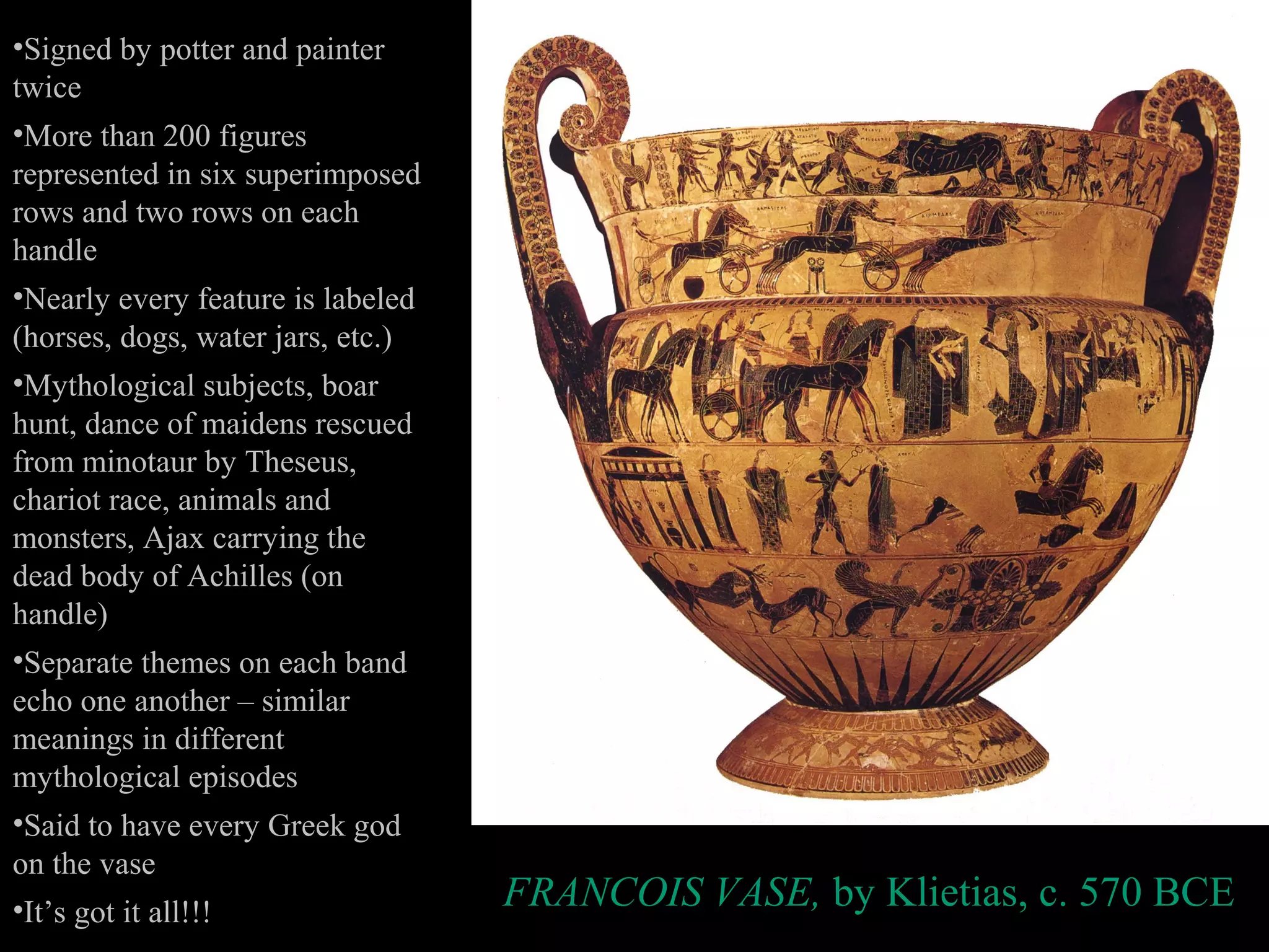 FRANCOIS VASE, by Klietias, c. 570 BCE
•Signed by potter and painter
twice
•More than 200 figures
represented in six superimposed
rows and two rows on each
handle
•Nearly every feature is labeled
(horses, dogs, water jars, etc.)
•Mythological subjects, boar
hunt, dance of maidens rescued
from minotaur by Theseus,
chariot race, animals and
monsters, Ajax carrying the
dead body of Achilles (on
handle)
•Separate themes on each band
echo one another – similar
meanings in different
mythological episodes
•Said to have every Greek god
on the vase
•It’s got it all!!!
 