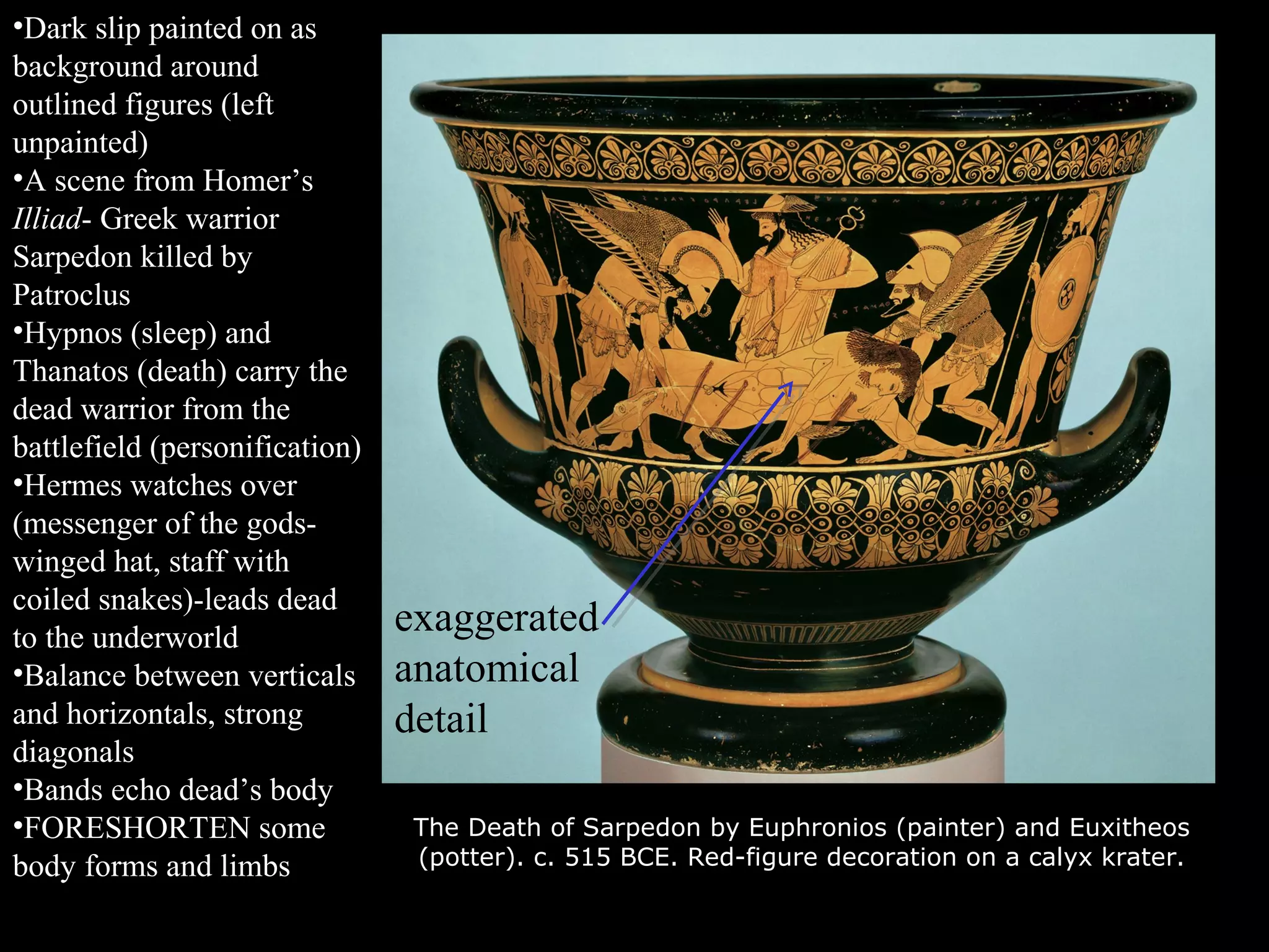 The Death of Sarpedon by Euphronios (painter) and Euxitheos
(potter). c. 515 BCE. Red-figure decoration on a calyx krater.
•Dark slip painted on as
background around
outlined figures (left
unpainted)
•A scene from Homer’s
Illiad- Greek warrior
Sarpedon killed by
Patroclus
•Hypnos (sleep) and
Thanatos (death) carry the
dead warrior from the
battlefield (personification)
•Hermes watches over
(messenger of the gods-
winged hat, staff with
coiled snakes)-leads dead
to the underworld
•Balance between verticals
and horizontals, strong
diagonals
•Bands echo dead’s body
•FORESHORTEN some
body forms and limbs
exaggerated
anatomical
detail
 