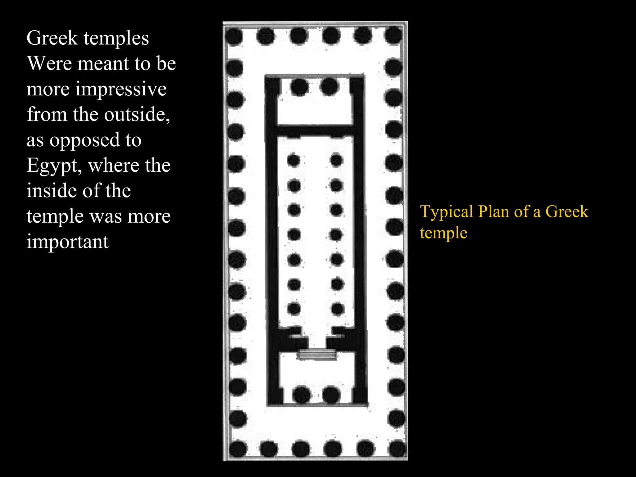 Typical Plan of a Greek
temple
Greek temples
Were meant to be
more impressive
from the outside,
as opposed to
Egypt, where the
inside of the
temple was more
important
 