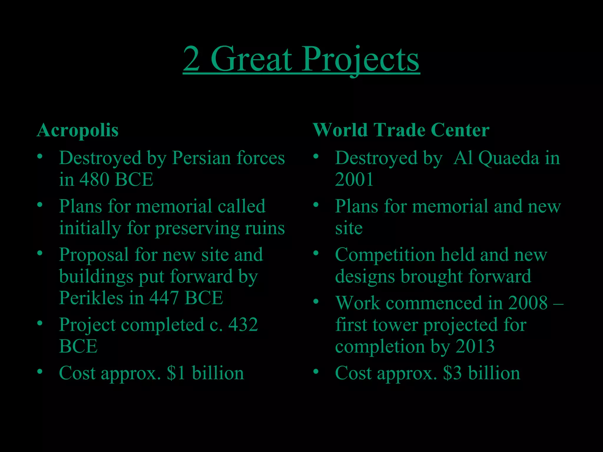 2 Great Projects
Acropolis
• Destroyed by Persian forces
in 480 BCE
• Plans for memorial called
initially for preserving ruins
• Proposal for new site and
buildings put forward by
Perikles in 447 BCE
• Project completed c. 432
BCE
• Cost approx. $1 billion
World Trade Center
• Destroyed by Al Quaeda in
2001
• Plans for memorial and new
site
• Competition held and new
designs brought forward
• Work commenced in 2008 –
first tower projected for
completion by 2013
• Cost approx. $3 billion
 