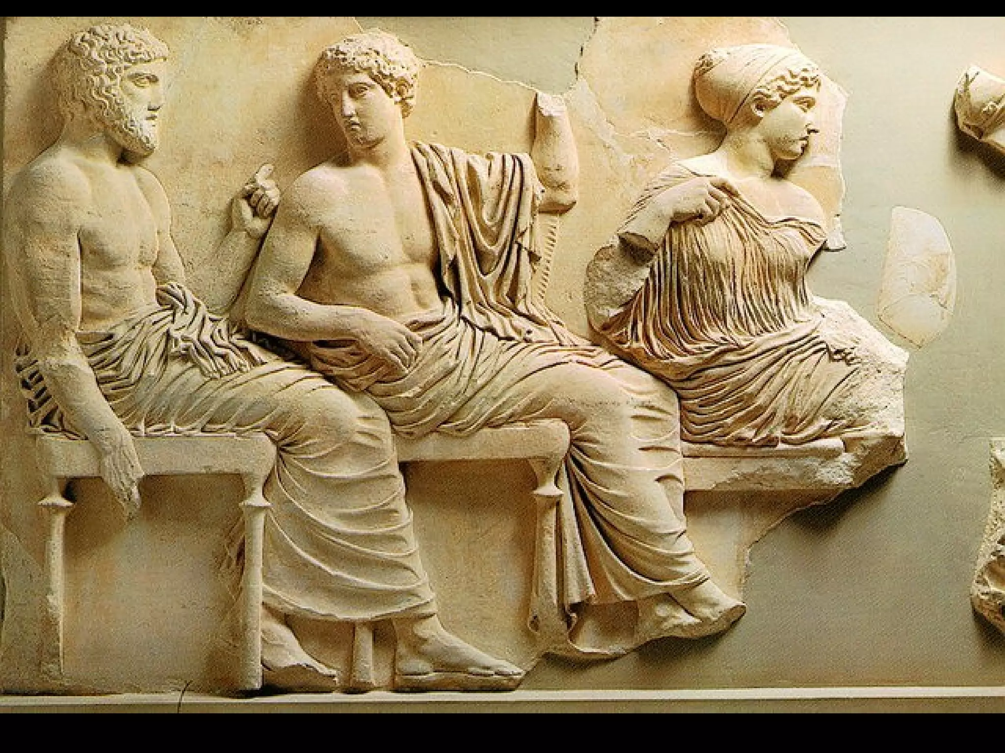 Section of the Parthenon frieze coming from the east part of the building.
The relief representation depicts the gods Poseidon, Apollo, Artemis,
Aphrodite, and Eros
 