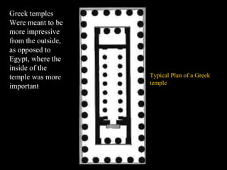 Typical Plan of a Greek
temple
Greek temples
Were meant to be
more impressive
from the outside,
as opposed to
Egypt, where the
inside of the
temple was more
important
 