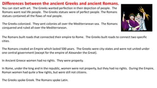 Differences between the ancient Greeks and ancient Romans. 
You can start with art. The Greeks wanted perfection in their depiction of people. The 
Romans want real life people. The Greeks statues were of perfect people. The Romans 
statues contained all the flaws of real people. 
The Greeks colonized. They sent colonies all over the Mediterranean sea. The Romans 
conquered and ruled all over the Mediterranean. 
The Romans built roads that connected their empire to Rome. The Greeks built roads to connect two specific 
cities. 
The Romans created an Empire which lasted 500 years. The Greeks were city-states and were not united under 
one central government (except for the empire of Alexander the Great). 
In Ancient Greece women had no rights. They were property. 
In Rome, under the king and in the republic, women were not property, but they had no rights. During the Empire, 
Roman women had quite a few rights, but were still not citizens. 
The Greeks spoke Greek. The Romans spoke Latin. 
 
