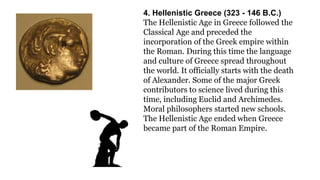 4. Hellenistic Greece (323 - 146 B.C.) 
The Hellenistic Age in Greece followed the 
Classical Age and preceded the 
incorporation of the Greek empire within 
the Roman. During this time the language 
and culture of Greece spread throughout 
the world. It officially starts with the death 
of Alexander. Some of the major Greek 
contributors to science lived during this 
time, including Euclid and Archimedes. 
Moral philosophers started new schools. 
The Hellenistic Age ended when Greece 
became part of the Roman Empire. 
 