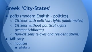 ● polis (modern English - politics)
○ Citizens with political rights (adult males)
○ Citizens without political rights
(women/children)
○ Non-citizens (slaves and resident aliens)
● Military
○ hoplites
■ phalanx
Greek ‘City-States’
 