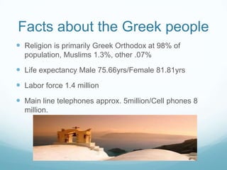 Facts about the Greek people
 Religion is primarily Greek Orthodox at 98% of
  population, Muslims 1.3%, other .07%

 Life expectancy Male 75.66yrs/Female 81.81yrs
 Labor force 1.4 million
 Main line telephones approx. 5million/Cell phones 8
  million.
 