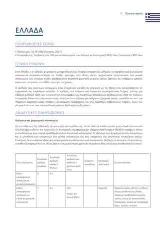1 Country reports
ΕΛΛΆΔΑ
ΠΛΗΡΟΦΟΡΊΕΣ ΧΏΡΑΣ
• Πληθυσμός: 10.757.000 (Eurostat, 2017)
• Υπογραφή της Σύμβασης του ΟΗΕ για τα Δικαιώματα των Ατόμων με Αναπηρία (CRPD): Ναι, Επικύρωση CRPD: Ναι
ΓΕΝΙΚΉ ΣΎΝΟΨΗ
Στην Ελλάδα, η εν εξελίξει ψυχιατρική μεταρρύθμιση έχει επιφέρει σημαντικές αλλαγές: τα παραδοσιακά ψυχιατρικά
νοσοκομεία αντικαταστάθηκαν σε πολλές περιοχές από κλίνες οξέων ψυχιατρικών περιστατικών στα γενικά
νοσοκομεία ενώ υπήρξαν πολλές εξελίξεις στην κοινοτική φροντίδα ψυχικής υγείας. Ωστόσο, δεν υπάρχουν αρκετές
κοινοτικές υπηρεσίες σε πολλές περιοχές της χώρας.
Ο αριθμός των ακούσιων εισαγωγών είναι εξαιρετικά υψηλός σε σύγκριση με τις τάσεις που καταγράφονται σε
ευρωπαϊκό και παγκόσμιο επίπεδο. Ο αριθμός των ατόμων υπό δικαστική συμπαράσταση δείχνει επίσης μια
ελαφρά αυξητική τάση και η συντριπτική πλειοψηφία των δικαστικών αποφάσεων αποφαίνονται υπέρ της πλήρους
στερητικής δικαστικής συμπαράστασης. Η αυξανόμενη ζήτηση για υπηρεσίες ψυχικής υγείας συνοδεύεται από μια
πτώση σε δημοσιονομικές δαπάνες υγειονομικής περίθαλψης και από λιγοστούς ανθρώπινους πόρους, λόγω των
μέτρων λιτότητας που εφαρμόζονται από τις διαδοχικές κυβερνήσεις.
ΑΝΑΛΥΤΙΚΈΣ ΠΛΗΡΟΦΟΡΊΕΣ
Ιδρύματα και ψυχιατρικά νοσοκομεία
Ως αποτέλεσμα της ελληνικής ψυχιατρικής μεταρρύθμισης, πέντε από τα εννέα πρώην ψυχιατρικά νοσοκομεία
(άσυλα) έχουν κλείσει και τώρα όλες οι διοικητικές περιφέρειες (με εξαίρεση την Κεντρική Ελλάδα) παρέχουν κλίνες
για ασθενείς με ψυχιατρικά προβλήματα μόνο στα γενικά νοσοκομεία. Το κλείσιμο των ψυχιατρείων που απομένουν
και η μετάθεση των υπηρεσιών στα γενικά νοσοκομεία και στις υπηρεσίες της κοινότητας συνεχίζεται ακόμη.
Επισήμως, δεν υπάρχουν κλίνες για μακροχρόνια νοσηλεία σε γενικά νοσοκομεία. Ωστόσο, σε ορισμένες περιπτώσεις,
οι ασθενείς παραμένουν σε κλίνες οξέων για μεγαλύτερες χρονικές περιόδους λόγω έλλειψης εναλλακτικών λύσεων.
Είδος ιδρύματος
Συνολικός
αριθμός
μονάδων
Συνολικός
αριθμός
κλινών /
θέσεων
Συνολικός
αριθμός των
ασθενών/
χρηστών (ανά
έτος)
Διάρκεια
νοσηλείας
Κατανομή
ανά τομέα
Ομάδα πελατών
Κλίνες
μακροχρόνιας
νοσηλείας σε
γενικά νοσοκομεία
0 δ.υ.
Κλίνες
μακροχρόνιας
νοσηλείας σε
ειδικά ψυχιατρικά
νοσοκομεία
3 δ.υ. 144
(μέχρι τον
Ιούνιο 2015)
δημόσια Νεαροί ενήλικες (18-22), ενήλικες,
άτομα μεγαλύτερης ηλικίας,
άτομα με προβλήματα ψυχικής
υγείας, άτομα με αναπτυξιακές
διαταραχές, άτομα με διαταραχές
λόγω χρήσης ουσιώνr
 