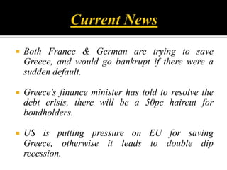 Measures6. EFSF(European Financial Stability Fund ) :	The EFSF is intended to  consist of a fund of €750 billion, which would be made up as follows:(a) €440 billion would be made available in loan guarantees from Euro zone Member States;(b) €60 billion would consist of emergency funds made available by the European Union itself; and(c) €250 billion would be provided under arrangements with the International Monetary Fund.