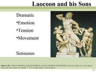 Figure 5-88   ATHANADOROS, HAGESANDROS, and POLYDOROS OF RHODES, Laocoön and his sons, from Rome, Italy, early first century CE Marble, 7’ 10 1/2” high. Musei Vaticani, Rome. 107 Dramatic Emotion Tension Movement Sensuous Laocoon and his Sons 