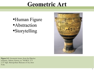 Figure 5-2   Geometric krater, from the Dipylon cemetery, Athens, Greece, ca. 740 BCE. 3’ 4 1/2” high. Metropolitan Museum of Art, New York. 7 Geometric Art Human Figure Abstraction Storytelling 