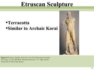 Figure 9-4  Apulu (Apollo), from the roof of the Portonaccio temple, Veii, Italy, ca. 510–500 BCE. Painted terracotta, 5’ 11” high. Museo Nazionale di Villa Giulia, Rome.  10 Etruscan Sculpture Terracotta Similar to Archaic Korai 