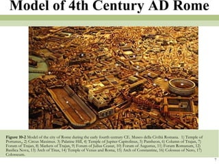 Figure 10-2  Model of the city of Rome during the early fourth century CE. Museo della Civiltà Romana.  1) Temple of Portunus,, 2) Circus Maximus. 3) Palatine Hill, 4) Temple of Jupiter Capitolinus, 5) Pantheon, 6) Column of Trajan, 7) Forum of Trajan, 8) Markets of Trajan, 9) Forum of Julius Ceasar, 10) Forum of Augustus, 11) Forum Romanum, 12) Basilica Nova, 13) Arch of Titus, 14) Temple of Venus and Roma, 15) Arch of Constantine, 16) Colossus of Nero, 17) Colosseum. 7 Model of 4th Century AD Rome 