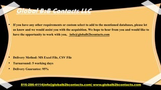 Global B2B Contacts LLC
• If you have any other requirements or custom select to add to the mentioned databases, please let
us know and we would assist you with the acquisition. We hope to hear from you and would like to
have the opportunity to work with you, info@globalb2bcontacts.com
• Delivery Method: MS Excel File, CSV File
• Turnaround: 5 working days
• Delivery Guarantee: 95%
816-286-4114|info@globalb2bcontacts.com| www.globalb2bcontacts.com
 