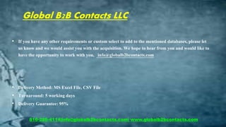 Global B2B Contacts LLC
• If you have any other requirements or custom select to add to the mentioned databases, please let
us know and we would assist you with the acquisition. We hope to hear from you and would like to
have the opportunity to work with you, info@globalb2bcontacts.com
• Delivery Method: MS Excel File, CSV File
• Turnaround: 5 working days
• Delivery Guarantee: 95%
816-286-4114|info@globalb2bcontacts.com| www.globalb2bcontacts.com
 