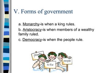 V. Forms of government
a. Monarchy-is when a king rules.
b. Aristocracy-is when members of a wealthy
family ruled.
c. Democracy-is when the people rule.
 