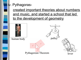 iv. Pythagoras-
created important theories about numbers
and music, and started a school that led
to the development of geometry
human body
Pythagorean Theorem lever
pulley
 