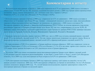 Комментарии к отчету   Въездной поток иностранцев  в Грецию в  2009 года сократился на 6,7% по сравнению с 2008 годом и составил в общем итоге  12 млн.705 тыс.чел. По динамике изменения въездного потока  в 2009 году Греция заняла промежуточное положение  между своими конкурентами: оно  оказалось хуже чем у Турции (+2,8%) и Хорватии (-0,9%), но лучше чем у Испании (-8,7%) и Кипра (-10,9%).   Поток российских граждан в Грецию в 2009 году  сократился на 8,3% по сравнению с  2008 годом и составил в общем итоге за 12 месяцев  чуть более 251 тыс. человек – семнадцатый показатель среди всех стран. Доля российских граждан в общем въездном потоке иностранцев  не изменилась по сравнению  с 2008 годом и составила 2%. Интересно сравнить эти данные, с данными опубликованные РОССТАТом: по итогам прошлого года поток российских туристов  в Грецию составил более чуть более 282 тыс.чел, сократившись за год на 18,9%. В рейтинге самых популярных у россиян туристических стран Греция по данным РОССТАТа занимает восьмое место вслед за Турцией, Египтом, Китаем, Финляндией, Германией, Италией и Испанией.