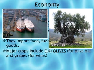 Economy
 Greece belongs to the (11) EUROPEAN
  UNION.
 Greece is one of the least (12)
  INDUSTRIALIZED countries in Europe.
 People in the highlands must (13) GRAZE
  sheep and goats.
 They import food, fuels, and manufactured
  goods.                  Olive Tree

 Major crops include (14) OLIVES (for olive oil)
  and grapes (for wine.)
 