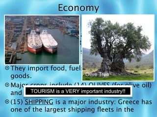 Economy
 Greece belongs to the (11) EUROPEAN
  UNION.
 Greece is one of the least (12)
  INDUSTRIALIZED countries in Europe.
 People in the highlands must (13) GRAZE
  sheep and goats.
 They import food, fuels, and manufactured
  goods.                   Olive Tree

 Major crops include (14) OLIVES (for olive oil)
  and grapes (for wine.) important industry!!
        TOURISM is a VERY

 (15) SHIPPING is a major industry: Greece has
  one of the largest shipping ﬂeets in the
 