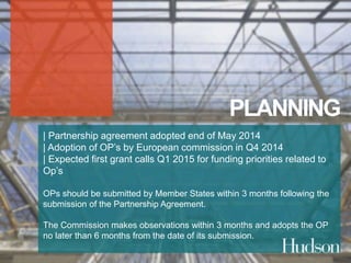 PLANNING 
| Partnership agreement adopted end of May 2014 
| Adoption of OP’s by European commission in Q4 2014 
| Expected first grant calls Q1 2015 for funding priorities related to 
Op’s 
OPs should be submitted by Member States within 3 months following the 
submission of the Partnership Agreement. 
The Commission makes observations within 3 months and adopts the OP 
no later than 6 months from the date of its submission. 
 