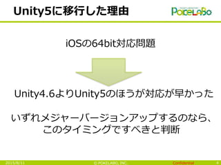 Confidential© POKELABO, INC.
Unity5に移行した理由
42015/8/11
iOSの64bit対応問題
Unity4.6よりUnity5のほうが対応が早かった
いずれメジャーバージョンアップするのなら、
このタイ...