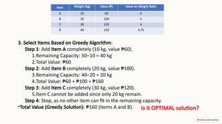 3. Select Items Based on Greedy Algorithm:
Step 1: Add Item A completely (10 kg, value ₱60).
1.Remaining Capacity: 50−10 = 40 kg
2.Total Value: ₱60
Step 2: Add Item B completely (20 kg, value ₱100).
3.Remaining Capacity: 40−20 = 20 kg
4.Total Value: ₱60 + ₱100 = ₱160
Step 3: Add Item C completely (30 kg, value ₱120).
5.Item C cannot be added since only 20 kg remain.
Step 4: Stop, as no other item can fit in the remaining capacity.
•Total Value (Greedy Solution): ₱160 (Items A and B).
Item Weight (Kg) Value (₱) Value-to-Weight Ratio
A 10 60 6
B 20 100 5
C 30 120 4
D 40 150 3.75
Is it OPTIMAL solution?
 