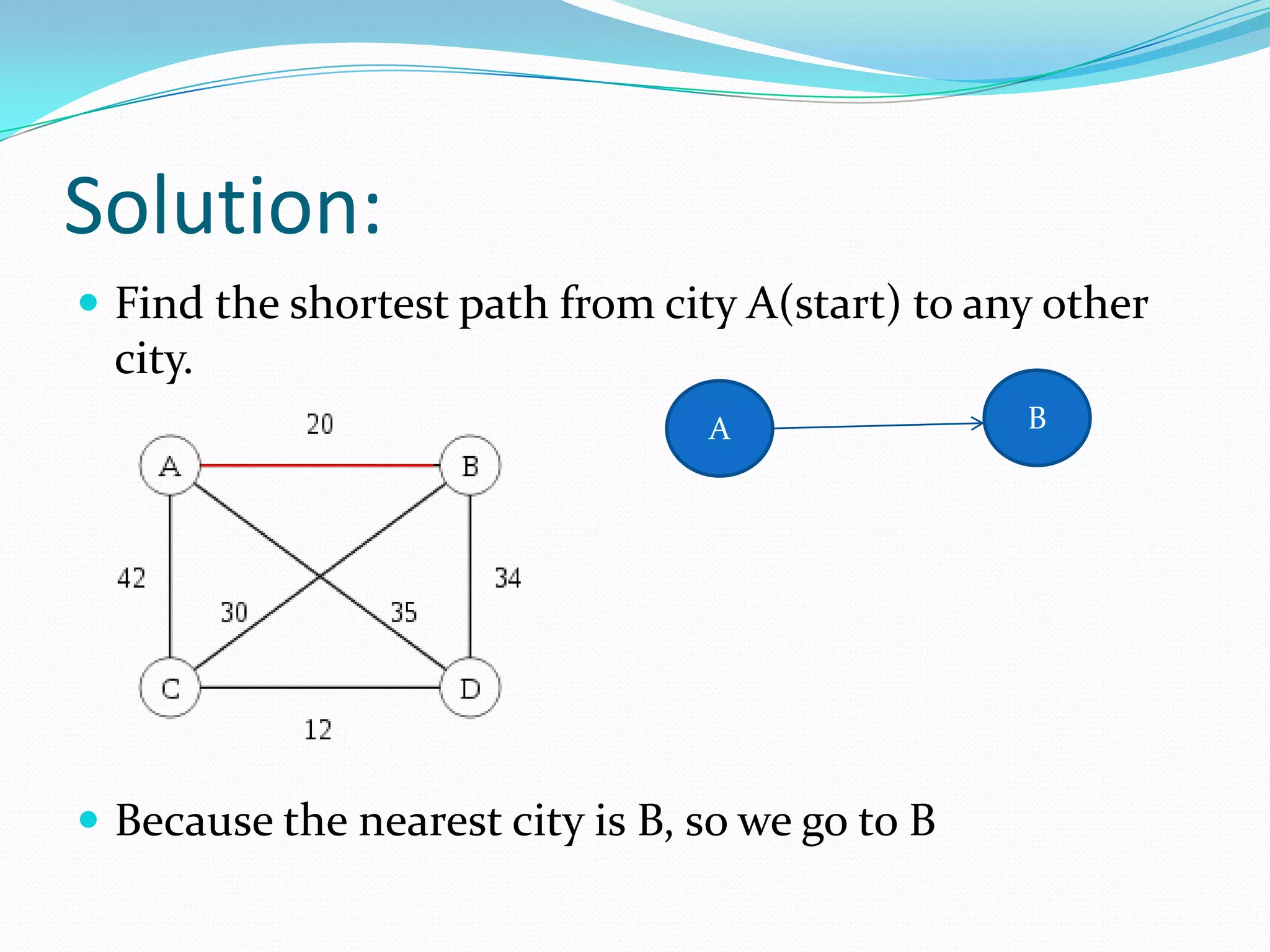 Solution:
 Find the shortest path from city A(start) to any other
  city.
                                 A               B




 Because the nearest city is B, so we go to B
 