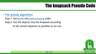 ‫خان‬ ‫سنور‬ Algorithm Analysis
The knapsack Pseudo Code
• The greedy algorithm:
Step 1: Sort pi/wi into nonincreasing order.
Step 2: Put the objects into the knapsack according
to the sorted sequence as possible as we can.
 