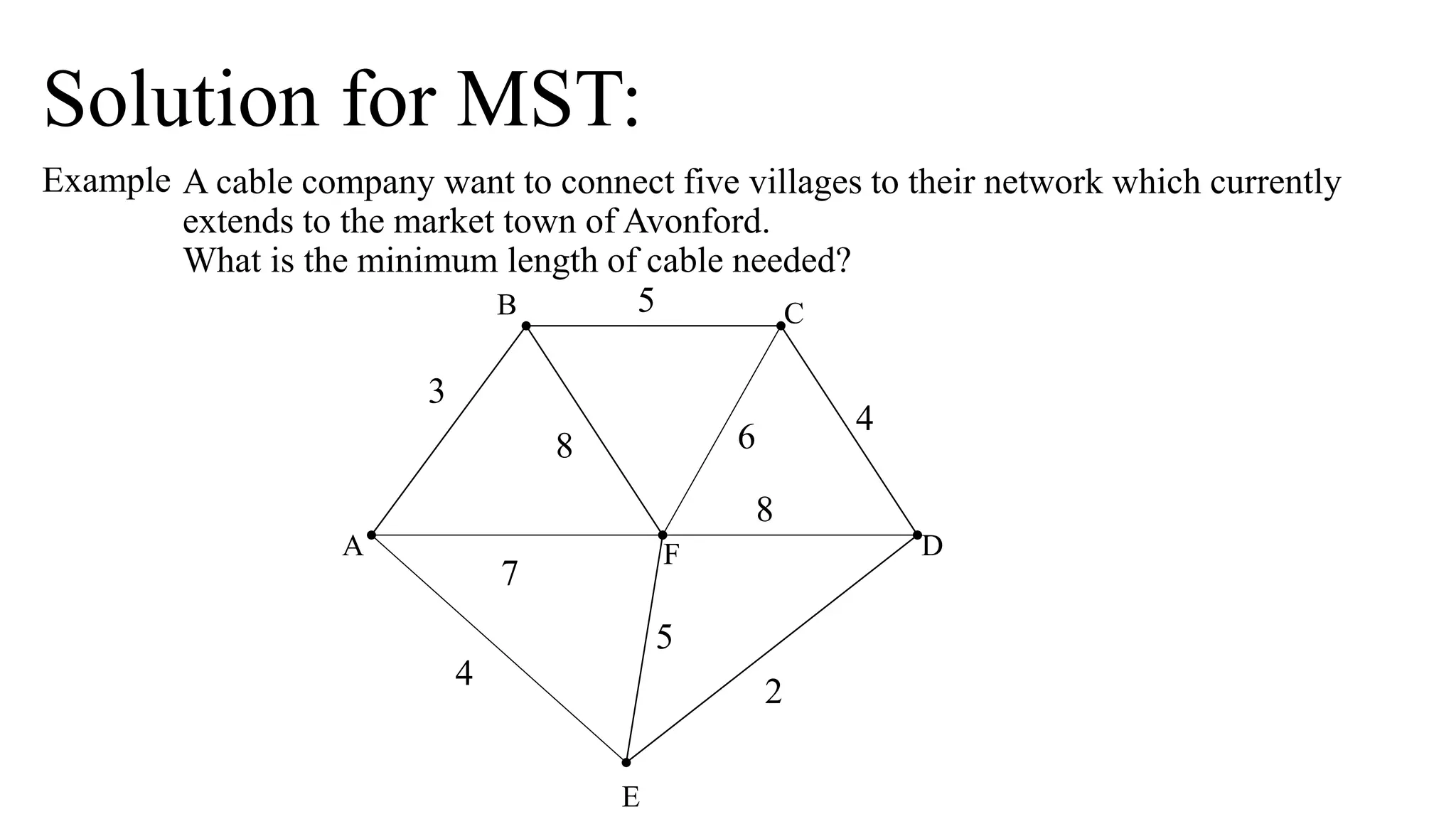 A cable company want to connect five villages to their network which currently
extends to the market town of Avonford.
What is the minimum length of cable needed?
A F
B C
D
E
2
7
4
5
8 6
4
5
3
8
Example
Solution for MST:
 