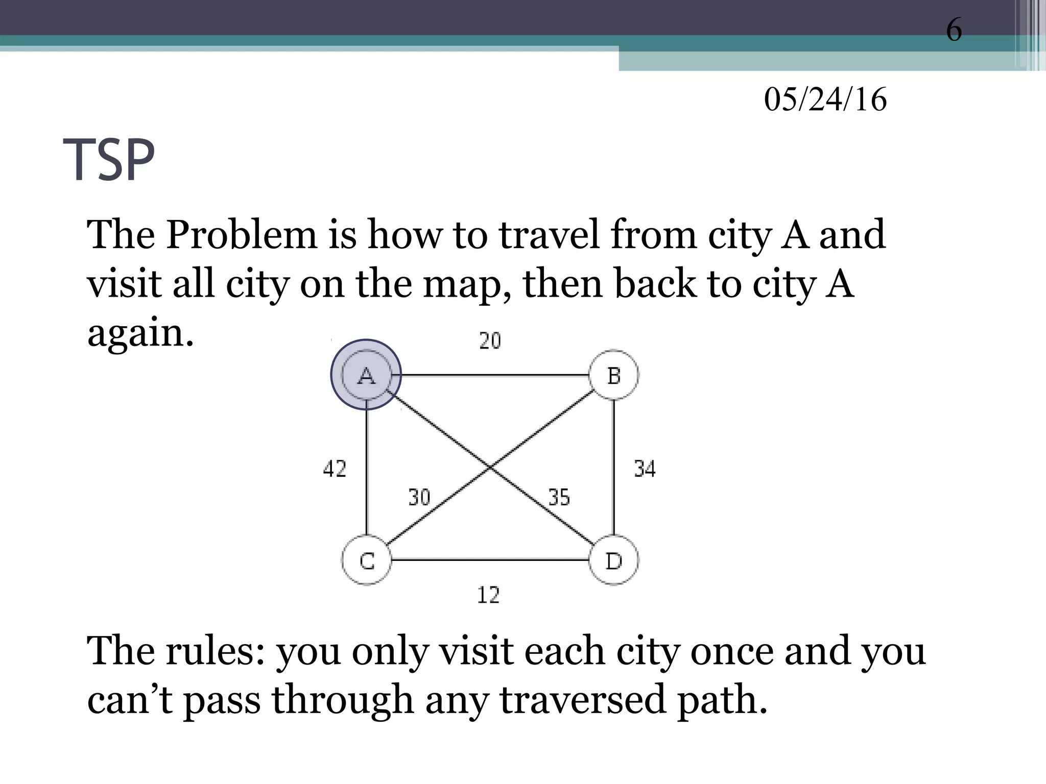 05/24/16
TSP
•
The Problem is how to travel from city A and
visit all city on the map, then back to city A
again.
•
The rules: you only visit each city once and you
can’t pass through any traversed path.
6
 