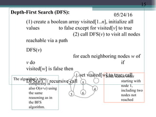 05/24/16
Depth-First Search (DFS):
(1) create a boolean array visited[1..n], initialize all
values to false except for visited[v] to true
(2) call DFS(v) to visit all nodes
reachable via a path
DFS(v)
for each neighboring nodes w of
v do if
visited[w] is false then
set visited[w] to true; call
DFS(w) // recursive call
1
2 5
3 6
4
Node search order
starting with
node 1,
including two
nodes not
reached
The algorithm’s time
complexity is
also O(n+e) using
the same
reasoning as in
the BFS
algorithm.
15
 