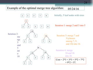05/24/16Example of the optimal merge tree algorithm:
2 3 5 7 9
2 3
5
5 7 9
2 3
5 5
10
7 9
Initially, 5 leaf nodes with sizes
Iteration 1: merge 2 and 3 into 5
Iteration 2:
me
rge
5
and
5
int
o
10
16 Iteration 3: merge 7 and
9 (chosen
among 7, 9,
and 10) into 16
2 3
5
10
5 7 9
16
26
Iteration 4: merge
10 and 16
into 26
Cost = 2*3 + 3*3 + 5*2 + 7*2
+ 9*2 = 57.
24
 
