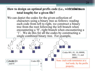 05/24/16How to design an optimal prefix code (i.e., with minimum
total length) for a given file?
We can depict the codes for the given collection of
characters using a binary tree as follows: reading
each code from left to right, we construct a binary
tree from the root following the left branch when
encountering a ‘0’, right branch when encountering a
‘1’. We do this for all the codes by constructing a
single combined binary tree. For example,
Code 001Codes 001
and 01
Codes 001,
0
1
,
Codes 001, 01, 10, 00000,
0001, 11, and
00001
0
0
1
0
0 1
1
1
0
0
10
1
Note: each code terminates at a
leaf node, by the prefix
property.
28
 
