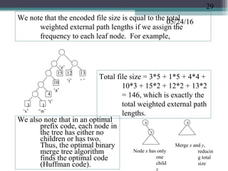 05/24/16
We note that the encoded file size is equal to the total
weighted external path lengths if we assign the
frequency to each leaf node. For example,
3
‘s’
1
‘n’
4
‘t’
10
‘a’
15
‘e’
12
‘i’
13
‘ ’
Total file size = 3*5 + 1*5 + 4*4 +
10*3 + 15*2 + 12*2 + 13*2
= 146, which is exactly the
total weighted external path
lengths.
We also note that in an optimal
prefix code, each node in
the tree has either no
children or has two.
Thus, the optimal binary
merge tree algorithm
finds the optimal code
(Huffman code).
Node x has only
one
child
y
x
y
x
Merge x and y,
reducin
g total
size
29
 