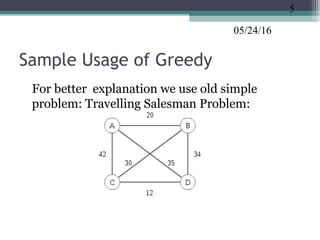 05/24/16
Sample Usage of Greedy
•
For better explanation we use old simple
problem: Travelling Salesman Problem:
5
 