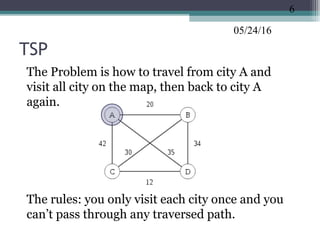 05/24/16
TSP
•
The Problem is how to travel from city A and
visit all city on the map, then back to city A
again.
•
The rules: you only visit each city once and you
can’t pass through any traversed path.
6
 
