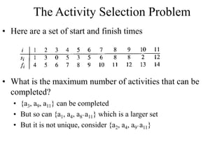 The Activity Selection Problem
• Here are a set of start and finish times
• What is the maximum number of activities that can be
completed?
• {a3, a9, a11} can be completed
• But so can {a1, a4, a8’ a11} which is a larger set
• But it is not unique, consider {a2, a4, a9’ a11}
 