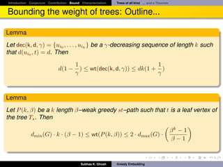 Introduction Conjecture Contribution Bound Characterization   Trees of all kind ... and a Theorem


Bounding the weight of trees: Outline...

Lemma
Let dec(k, d, γ) = {ui0 , . . . , uik } be a γ-decreasing sequence of length k such
that d(ui0 , t) = d. Then
                                        1                              1
                              d(1 −       ) ≤ wt(dec(k, d, γ)) ≤ dk(1 + )
                                        γ                              γ



Lemma
Let P (k, β) be a k length β–weak greedy st–path such that t is a leaf vertex of
the tree Ts . Then

                                                                                                    βk − 1
             dmin (G) · k · (β − 1) ≤ wt(P (k, β)) ≤ 2 · dmax (G) ·
                                                                                                    β−1



                                           Subhas K. Ghosh    Greedy Embedding
 