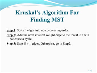 Kruskal’s Algorithm For
Finding MST
Step 1: Sort all edges into non decreasing order.
Step 2: Add the next smallest weight edge to the forest if it will
not cause a cycle.
Step 3: Stop if n-1 edges. Otherwise, go to Step2.
4 -12
 