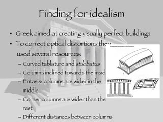 Finding for idealism Greek aimed at creating visually perfect buildings To correct optical distortions they used several resources: Curved tablature and  stilobatus Columns inclined towards the inside Entasis: columns are wider in the  middle Corner columns are wider than the  rest Different distances between columns All these deformation corrected optical errors and buildings seemed to be perfect. 