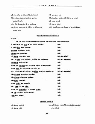 G REEK BASIC COURSE
p!yate saftό to kendro oiaskeMseos1
5θη vrikame kanena isit!rio ya ton
giniJιιatό"(rafΌ.
af"ti δΘη eoosan lef"t8 Β& kanenan.
l'Ιβθ ar&se tόBo poll i el8.oa~ pu Qelame na
ιιι!nume θk:ί.
t! !pes peOi mu1
oeη katalava ldrle~ tl θθΙθΙΘ na p!te?
pu isuna χθθθ1
t! ef"ayes niko7
χθθβ kondepsame na flyume ya t1(m) b8tra.
Correlation-SubstltItion Drill
Use the vords in patentheses and change the umerl1ned verb according1y:
ο aδerf"όs mu oeη θθιι na pai st1<m) brezm.
Ο rdkos ~ ιιaόno ret8lna.
!!!!~ δulyi st1a okt6.
!~~ ya t1n aebt
t! lαίneω stin taksl sas?
eιιι!β θ. p8me stln akrόpoll~ na δiιιιe ton parθen6na.
δyavazote poIa vivl!a7
af"tβs δθη ayorazun pol8 pra-ynιata apaftό to katist1Jaa.
artόs pβrnl 6la ta vivl!a βto splti tu.
af"t! i δΙΡΙαιιatik! ip811li~ θ. ~~ saf"t6 to kseno&oXΊo.
~βn !!:!!~ eat1atόrio na f"_8.
6βη ~~!~ xdιιιata Β& kanβnan.
βυ ar8si ο kerΌS?
af"tό. ~~ βto kafeιno.
.us 1inιe όti nιaβ ~ή!!..
af"tόs oen katalav8n1, tl: akr1ws θθ1θω.
---------- ------
θ. !ne stis eksi sto(n) staθmό.
trόo stia Oόδeka.
(χθββ)
(xθes)
(XΘes)
(XΘes)
(prin βna dna)
(prin ιda evδorιιaδa)
(χθββ)
(XSes)
(χθββ)
(pr!n ιιι!. ewαniδa)
(χθθδ)
(xθea)
(XΘes)
(χθθΒ)
(tόω)
(XΘes)
(χθθΒ)
(XSes)
pU ιιιeMω pβrisi?
t! kinate 8ιd?
δ8 ΡΥτ5 kendro o1askeδase08 S1.xnizat8 ~NΙΙ!
ti(n) OO11?
 