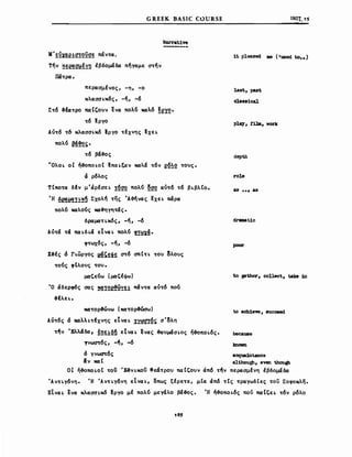 G REEK BASlC COURSE
Narrat1ve
M'f~X~e!Q!QQ~~ πάv~α.
Τήv ~~~~!Y!I ιβδομάδα πήΥαμε σ~ήv
lIά~ραo
περασμΙvος, -η, -ο
Kλασσ~K6ς, -ή, -6
Σ~6 &~~ΡO πatCouv ~va πoλ~ καλ6 ~eYQo
~6 ΙΡΥΟ
Aύ~6 ~6 κλασσ~κ6 ΙΡΥΟ ~Ιχvης Ιxε~
πoλ~ M~50
~6 β&ο&ος
uOAo~ οΙ ήo&oπo~oΙ Ιπα~ξαv καλά ~6v e~~Q ~oυςo
6 ρ6λος
TΙπo~α δΙv μ'άρΙσε~ !~~Q πoλ~ ~~Q αύ~6 ~6 β~βλΙoo
Ή ~~~!~~~ Σχολή ~ης Άο&ήvας Ιxε~ πάρα
πoλ~ καλo~ς καo&ηyη~άς ο
δραμα~~κ6ς, -ή, -6
Aύ~ά ~ά πa~δ~ά Etva~ πoλ~ !!~x~o
φ~ωx6ς, -ή, -6
Χο&Ις d r~ωΡΥος ~~~~§ ~6 σπΙ~~ ~oυ !λους
~o~ς φΙλους ~oυo
μαΙ;ε~ω (μαΙ;Ιφω)
Ό άδερφ6ς σας ~!2e!§~H πάv~α αύ~6 πo~
o&Ιλε~o
UNI'L 1S
1t pleased. ιιιe ('useci too.)
last, past
cla.81cal
play, Ιi1ιι, ιrork
depth
role
as 00. as
draιιιatlc
poar
to gether, cOllect, take 10
to acldew, 8Ucceedκα~ορ&ώvω (κα~op&~ω)
Aύ~6ς d καλλ~~Ιχvης εΤvα~ YY~~5 σ'~λη
~ήv 'Ελλάδα, ~~H§~ εΤvα ~ εvας o&αυμάσ~oς ήo&oπo~6ζ. because
τv~6ς, -ή, -6 knoωn
d ΥVWC1'f6ς acqualotance
lfv κα t although, θVβl1 thougb
ΟΙ ήo&oπo~oΙ ~oυ 'E&V~KOU 8εά~ρoυ natcouv άπ6 ~ήv περασμΙvη Ιβδομάδα
ΆV~~Υ6vη. Ή ΆV~~Υ6vη εΤvα~, οπως ξΙρε~ε, μΙα άπ6 ~Ις ~ραyωδΙες ~oυ Σοφοκλη.
Etva~ ~va κλασσ~κ6 ΙΡΥΟ μΙ πoλ~ μεΥάλο βάο&ος. Ή ήo&oπo~6ς πον πaΙΙ;ε~ ~6v ρ6λο
185
 