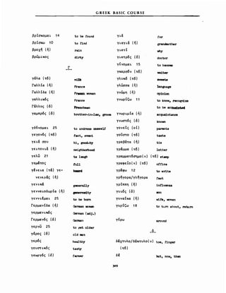 G REEK BASIC COURSE
δάχτυλο/ δάκτυλο (ν) toe, f1nger
(τό)
δΙ but, ηον, then
grandnιother
for
νhy
to becoιιιe
doctor
νa1ter
8fβ8ta
:Janguage
op1n1σn
around
Δ
γιά
γιαγιά (ή)
γιατΙ
γιατρός (ό)
γΙνομαι 15
γκαρσόν (τό)
γλυκό (τό)
γλωσσα (ή)
γνώμη (ή)
γνωρΙζω 11
γύρω
to Iι:nov, recognize
to be acΦιa1ιιted
γνωρ ιμ Cα (ή ) acqua1ntance
γνωστός (ό ) knoνn
γονε!ς (οΙ) parents
γοίίστο (τό ) taste
γραβάτα (ή) t1e
γράμμα (τό) letter
γραμματόσημο(ν) (τό) stanιp
γραφε!ο (ν) (τό) off1ce
γράφω 12 to vr1te
γρήγορα/γλήγορα fast
γρ Ιππη (ή) 1ntluenza
γυιός (ό) 8Οη
γυναCκα (ή) v1fe, νolll8n
γυρΙζω 18 to tU1T. about, return
genera1ly
fact, event
to undress OD8sel!
1111lk
to f1nd
rrenchιιan
brother-1n-laν, gI'OOIII
France
to be found
rain
France
d1rty
Gerιιιan (adj.)
pnιeroad:ty
to be bom
h1, ROOd-by
ne1ghboήIood
tolaugh
tull
beιιrd
Geπιιan
to f7,8t older
old ιιιιιη
tasty
farιιιer
healthy
Γ
βρ (σκομαι 14
βρΙσκω 10
βροχή (ή)
βρώμικος
γάλα (τό)
ΓαλλΙα (ή)
ΓαλλΙδα (ή)
γαλλικός
Γάλλος (ό)
γαμπρός (ό)
γδύνομαι 25
γεγονός (τό)
γε ιά σου
γειτονιά (ή)
γελω 21
γεμάτος
γΙνεια (τά) γε-
νενε.,ι.άς (ή)
γενικά
γενναιοδωρΙα (ή)
γεννιΙμαι 25
ΓερμανΙδα (ή)
γερμανικός
Γερμανός (ό)
γερνω 25
γΙρος (ό)
γερός
γευστικός
γεωργός (ό)
309
 