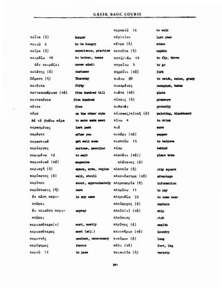 G REEK BASIC COURSE
toot, 1e8
wr1ety
c1t,y aquare
8d'98Dtage
1JIr0JWltion
to pq
to ocιιιe near
plane v.e
to va1k
la_t τear
_tme
to cat.Ch, 8e1.et Ρ'υΡ
occιιp18dι t.ύ8Ω
p1ate
pre88UN
probab~
pa1ntdDιt blackboud
1;0 dr1Jιk
nap1dn
to f1:r, tbroιr
to go
!ork
πΙνακας/πΙναξ (ό)
πΙνω 4
περπα-τω 16
~er πέρ(υ)σι.
to be hungry πΙ-τρα (ή)
experience, pract.1oe πε-τσέ-τα (ή)
1;0 bother, tea8e πετω/-αω 19
never ιdDdJ πηΥα tνω 5
cuιιtcιιιer πηρουν ι. (τ6)
'l'hur8d8,y π ι.άνω 20
~ πι.ασμΙνος
nw h1ιndreci b1U π ι.'-το (or6)
t1whσιdred πΙεσι.ς (ή)
t1ve πι.~αν6ν
l88t put π 1.6
atter Υόιι π ι.πΙρ ι. (-τ6)
ιet ..u 80aιι π ι.σorε~ω 15
our1oue, pecu11ar π Ισω
1;o~t πλα-τaνι. (or6)/
..~ πλά-τανος (ό)
8p8ce, arN, reg10n nλoaorEΙα (ή)
nlk, 8troU πλεονέκτημα (-τ6)
about, approx1Jιιate:q πληροφορΙα (1'J)
CU8 πληρωνω 11
1n art7 C8R πλησι.Uζω 22
πλοΙαρχος (ό)
~8Y πλοΤο(ν) (-τ6)
πλούσιος
1ll000t, ιnoet]y πλοϋ-τος (ό )
II08t (adj.) πλυν-τήρ1.0 ~ -τ6)
12881888, unneceιιary πνεύμων (ό)
tamous π6 δ ι. (τ6 )
to pass ΠO~K~λtα (ή)
πενήντα
πεινω 6
πείρα (ή)
πε~ραζω 18
διν πε~ραζε~
πελα-της (ό)
ΠΙμπ-τη (ή)
πείνα (ή)
πτωσει.
πεν-ταKoσάρ~κo (-τ6)
πεν-τακόσ.ι.α
πέν-τε
πέρα
3ά -τα βΎάλω πΙρα
περασμένος
περασ-τε
περaσ-tι.H4
περΙεΡΥος
περ ψένω 12
περι.οδι.κό (or6)
περ~oxη (ή)
περΙπαorος (ό)
περΙπου
περΙπ-τωσι.ς (ή)
~v πάση περ~­
π-τωσει.
περι.σσ6τερο(ν)
περι.σσ6-τερος
περι.τ-τ6ς
περΙφημος
περνω 12
]Ζ1
 