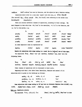 GREEK BASIC COURSE tJΙΙΤ 3
'tαβfρνα /ka1l taverna/ the noun is teminine, and the adjectiνθ has a tem:inine ending.
Adjectives which refer to a noun a1so 'agree' with the noun, as εΙναι. &κρι.β6
/!ne akrivό7/ δχι., εΙναι. φ'tην6 /όxi, ine ttinό/, both reterring to the neuter noun
tενοδοχεΤο /Oθrιoδοχ1.0/.
There are severa1 difterent classes ο! adJectives, according to their endings. '1be
most frequent i8 that which has -οι; /-os/ in the ma.sculine, -η /-i/ in the teιιιinine, and
-ο /-0/ in the Dθuter, e.g.
φ'tην6ι;
καλ6ι;
μεy~λoι;
μι.κρ6ι;
Μ.
/ttinόs/
/b16s/
/meyi10s/
/ιιι1krόs/
F. Ν.
~ην1j /ttini/ ~ην6 /ttioo/ 'cbιtap'
καλ1j /kalί/ καλ6 /ka1ό/ '1001'
μεy~λη /meγa1i/ μεy~λo /meγa1o/ 'b1g'
μι.κρ1j /rιd.kr/./ μι.κρ6 /ιrd.kz6/ ι-ιιι
An other adjective c1ass 18 represented by:
. -ωραι.οι; /orf:ιos/ ώραΙα /or~a/ . -ωραι.ο /orlJo/ 'beaut.Uul'
Rear:l1' an adjec:t1wιι vith n- ead1Jιg 1n. wιrel (_ 1Ω /αή../) 81'8 ot tb:18 VPe.
-'lιo adJectives Ιναι; /enas/ 'οιιβ' and κανΙναι; /kanenas/ 'β~, 8011Ι8' have the
tolloνing ίorιns:
Μ.
Ιναι;
κανΙναι;
F.
/4nas/ μΙα /mίa/ ~~ μι.~ /rrιή18/ Ινα
/kanena8/ καμμΙα /kamίa/~! καμμι.~ /karnπYΔ/ κανΙνα
Ν.
/4na/
/kanόna/
Other classes ο! adJectives ν111 be discussed in 1ater units.
Beg1nn1ng with Un1t 4 the three forms (ιnascul1ne, feminine am neuter) ο! a11
adjectives "i11 Όθ gi.ven in the build-ups Βθ folloνs:
καλ6ι; , -1j, -6
μεy~λoι;, -η, -ο
ώραΤοι;, -α, -ο
ka1όs, -1., -ό
ιιιeγβ10B, .-i, -ο
oreos, -a, -ο
'good'
'bie'
'beautiful' .tc.
Scιιe adj.Ct1W8 vith 81088 end1ng 1Ω /k/ ΜΥ baw an a1ternate tea:1D1n. Ιonι 1n/-ι'/, ••ι.
κακ6ι; /Jιakόe/Ibed I ; Ιεα1n.: κακή !Iιa'ιd./ Ξ καKι.~ /IιaJqι./.
!~-2:.!. ID:ie.t1n1te Art1cle
1he atject1w ενας, μΙα/μια, ενα
2$
/ίmas/, /ma/2!: Wa/, /lιιιa/Ιoιwι' 18 alιιo
 