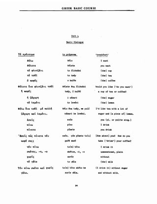G REEK BASIC COURSE
!~_~~I~~~~
&fλω
&fλε""ε
",,6 φλυ""Ι;:6:νι.
",,6 ""0'6:.'
6 καφfς
efλε""ε ενα φλυ""Ι;:6:νι. ""O'6:t
~ xαff;
ή Ι;:6:χ αρη
",,6 λεμ6νι.
efλω ~να ""O'6:t μf πoλλ~
Ι;:6:χαρη καΙ λεμ6νι..
έΟ'εΤς
πΙνω
πΙνε""ε
'EaεΤς πως πΙνε""ε ",,6ν
Kaff Ο'ας;
",,6ν πΙνω
aκf""ος, -η, -ο
χωρΙς
",,6 γ6:λα
Τ6ν πΙνω aκf""o καΙ χωρΙς
γ6:λα.
θ~10
e~1ete
Ιο fi1dz4n1
Ιο ΙΒΙΥ
ο kaί'ι!β
e~1ete ~ηB fi1dz4n1
ΙβΙΥ, ί kar~?
1 zixar1
Ιο 1em6n1
θι!10 ι!na ΙβΙΥ. me polί
zιlxar1 ke 1eπιδni.
esfs
ρίπο
pfnete
e81s. p6s p!nete to(n)
gart 8&S?
to(m) Μηο
sklt08. -1, -ο
xorfs
Ιο -y41a
to(m) blno sk~to ke
xorfs ΎAla.
30
'breakfast '
Ι want
you want
(the) cup
(the) tea
(the) corree
Would you l1ke ('do you want')
a cup ο! tea or corree?
(the) sugar
(the) 1ellOn
1'd 11ke tea with a 10Ι ο!
sugar and [a p1ece or] 1elllOn.
you (ρ1. or p011te s1ng.)
Ι dr1nk
you dr1nk
[Hσw abσut] you? Hσw do you
talce ('dr1nk') your corree?
Ι dr1nk 1Ι
unsweetened, p1a1n
w1thout
(the) m1k
(Ι dr1nk 1Ι) w1thout sugar
and w1thout m11k.
 
