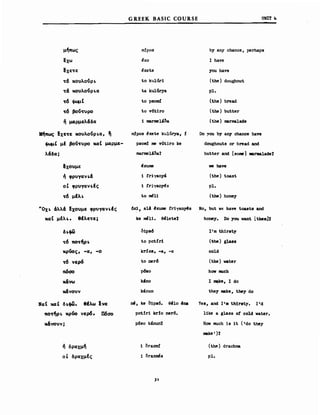 G REEK BASIC COURSE υΝΙΤ 4
mίpoB
~xo
~xete
Ιο kul6r1
ta ku1ώ-ya
Ιο ΡΒΟΙΙΙ:Ι
Ιο vdt1ro
1 marme1'Zla
ndpos t!xete kul11rya, ί
psond ιne wtiro ke
mar1ιie1.ίZla7
~JCUιne
1 friyanYΙ
1 friyany~s
to ~H
~xoνμε we have
ή φρνΥανι.~ (the) toast
ο Ι φρνΥανι.Ις ρ1.
~6 μΙλι. (the) honey
Iff)πως ~xε~ε ΜΟνλο!ιρι.α, ~ Do you by any chance have
φωμ.ι μΙ βo!ι~νρo xαt μαρμε- doughnuts or bread and
λ~δα: butter and [some) urιιιalade7
ΗΟχι. &λλ~ fχοvμε φρνΥανι.Ις
χαΙ μΙλι.. θΙλε~ε;
6JC1, a14 ~xume fr1'Yan~s Νο, but 'ΙΕ have toasts and
ke _11. et§lete% honey. Do you vant Ι ιωιa]%
δι.φω
~6 πo~~ρι.
χρΟΟς, -α, -ο
τ6 νερ6
π6<ιο
κ&νω
~νoνν
σ1ριι6
Ιο potIr1
krfos, -Α, -ο
Ιο ner6
p6so
k4no
k'nun
11m th1rsty
(the) glass
co1d
(tbe) vater
hσv mucb
Ι ~, Ι do
they ιιake, tbey do
ΝαΙ xαt δι.φω. θΙλω lνα
Μ-τ/Ρ ι. χρΟΟ νερ6. Π6σο
κ&voνν;
r»f, ke σ1ρβ6. B4110 41na
potlr1 lcrJo ner6.
p6so kMUΠ1
Yes, and Ι'. tb1rsty. l
'
d
11ke a glass οΙ cold water.
Hσv much 1s ίΙ ('do they
ιnaJce 1)1
ή δραxμ~
οΙ δραχμΙς
1 ora.xmi
i oraxmιSs
(the) dracbnιa
ρ1.
)'
 