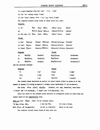 G REEK BASIC COURSE
(,) a ιιιor8 familiar fonn for 'you' -ε ις /-1s/
(2) the 'we' end1ng -ονμε /-ωre/
() the 'they' eηd1ng -ον" /-un / ~!: -ον"ε /-une/
The conιplete present tenS8 forms ο! these verbs are, then:
~!~!~-
(1) " /~xo/ &έλω /e~lo/ π C"ω /pfno/'Ρ
εχω
2ρ Ιχε ι.ι; /~x1.β/ &έλεις /e~lis/π C"ε ι.ι; /p1.n1s/
)ρ (he, she, 1t) Ιχει. /~x1/ &Ιλει. /θ~l1/ πΙ"ει. /pfni/
Plural
-------
'ρ (ve) Ιχονμε /~xωre/ &Ιλονμε /Mlωrε/π C"ονμε /pίηωre/
2ρ (you) Ιχε'"ε /~xete/ &Ιλε'"ε /Mlete/ πΙ"ε'"ε /pfnete/
)ρ (they) Ιχονν /~xun(e)/&Ιλον" /e~lun(e)/ πΙνον" /p1.nun(e)/
~!~ Plural
'ρ ιipxtCw /arXΊzo/ ιiρχCCονμε /arnzUJJl!l/
2ρ ιipxtCEι.I; /arXΊz1s/ ιiPXCCE'"E /arnzete/
)Ρ AρxtcEι. /arx1.z1/ ιipxtCoV,,(E) /arx1.zun(e)/
aod the personal θnιi1ΠΙ8:
~!~ Plural
-ω /-0/ -ονμε /-U8/
-ει.ι; /-181 -ε'"ε /-ete/
-εΙ. /-11 -ov,,(ε) /-un(e)/
The 'tresent tense descr1bes aπ act10n (or state) vh1ch e1ther 1s go1ng on at ΙΜ
III08nt ο! speech (1'm do1πι 80-a0d-80') ortalces place hab1tual~ ('1 do SO-anιi-80).
URIT Ι.
The verb8 πΙvω /ρίηο/, ιipxtCw /arx1.so/, etc. -:τ, therefore, mean both:
'Ι dr1nk' anci '1'αι dr1nk1ng', 'Ι beg1n' and '1'αι beg1nn1ng', etc.
S1nce the verbs 1η the present tense descr1be aπ 1ncomplete act10n or state they are
alvays based on the 1~!:!!~~!!! BΙΘnι.
!2~!_!!:.~ Verb εΤμαι. /1.rrε/ 'Ιο be' present tense.
Ή ωρα εΙ"αι. δνο.
πον εΙ"αι. '"6 λεωφορεLΟ;
1 δr. :ine /')1.0.
pl1 :ine Ιο leofor:io'l
1Ι'β Ινο o'clock.
Where 1β the bus'l
The complete present tense forms ο! th1s verb are:
37
 