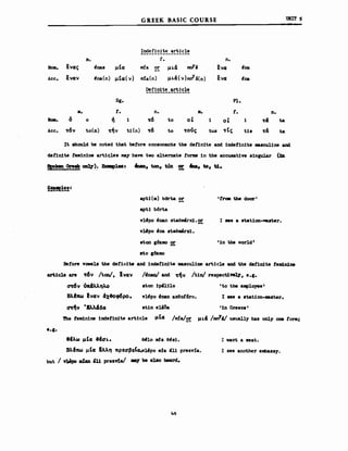 GREEK BASIC COURSE
Indefinite article
------------------
m. f. η.
Noιa. ~νClι; I!nas μΙcι ιιd. μι.& rrJ4 u
I!naor ενCl
ενClν I!na(n) μΙCI(ν) mίa(n) μι.&( ν)ιιιr11(n)
u
ΙΜAcc. ενCl
Defin1te artic1e
----------------
5g. Ρι.
ια. t. Ω. ιa. t. ο.
Νοιι. δ ο
~ i 'f6 Ιο οΙ i οΙ i 'f& ta
Acc. 'f6v to(o) 'f~v ti(n) 'f6 Ιο 'f0~'; tus 'ftc; tis 'f& ta
υΗΙΤ 5
ΧΙ 8hould be noted that betore consonaats ΙΜ detinite and indetinite ..cιιline and
detiaite ΙβιιίηίΜ artic:les may haνe Ινο a1teraate tOI'Jll8 ίη the accusative singular (1D
~Jι:81 ~~ οιι11').• Eαιιιp188s ..., ton, tin Ξ .., to, t1.
!!!!!?!!!ι
apti (ιa) b6rta 2!:
apti b6rta
ν1ι!Ρο ι!aan staθWxi.2!:
y]Jpo ι!Μ δΙA8ιιι4rxί.
ι tr08l tιιe door ι
Ι ... a stat1oa-ιιιaster.
11n the vorld tstoa ι6ΖΙΙΙΟ 2!:
ato ι6Ζιιιο
Betore voιιels the det1rIite and ίrιdeΙ1aiΙ. ιιιιuιculiD8 article and the d8t1a1te teιa1n1ae
art.1cl8 are 'f6v /ton/, lνClν /4naa/ and 'f~v Λ1rι! respect1~, ε.ι.
ιmSν όΛ4λ/.ηΑο
Bλ.hω lνClν 4χΙΟφ6ρο.
CJτ/ν ιΒλ/.&δCl
ιιΙon 11)41110
vll!po ι!aaa axθot6ro.
st10 eUδa
ι Ιο ΙΜ eBφ10yeeΙ
Χ ... a stat10n-..ter.
110 Greece I
The Ι81ΙΙ1ηίΜ 1ndetiaite art1cle μΙcι /ιιda/2"! μι.& /rιιri'υ uaua11.y has oaly oae tOnD;
β·Ι·
8Ιλω μΙcι .ωι.. 8.10 ιιd. el!si.
θλ,Ιnω μΙcι &λλη πρεαβεΙσ.Υ1ι!Ρο nda 411 prezv:!a.
but / .1ΑΡΟ ιdan ω presdal '887 be al80 heard.
Ι νΑηΙ a seat.
Ι βββ another εnιbaδδY.
 