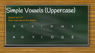 Simple Vowels (Uppercase)
Easy!! Isn’t it?
Now read aloud the letters.

α

η

υ

ι

ο

ω

ε

Α

Η

Υ

Ι

Ο

Ω

Ε

 